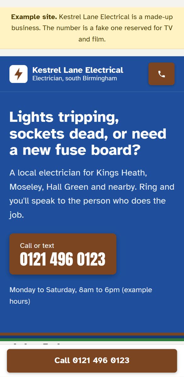 Phone screenshot of the example site for Kestrel Lane Electrical, a made-up business
